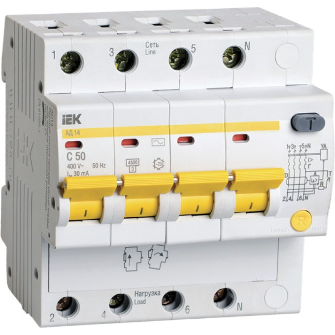Дифференциальный автоматический выключатель IEK АД14 4Р 50А 30мА - MAD10-4-050-C-030
